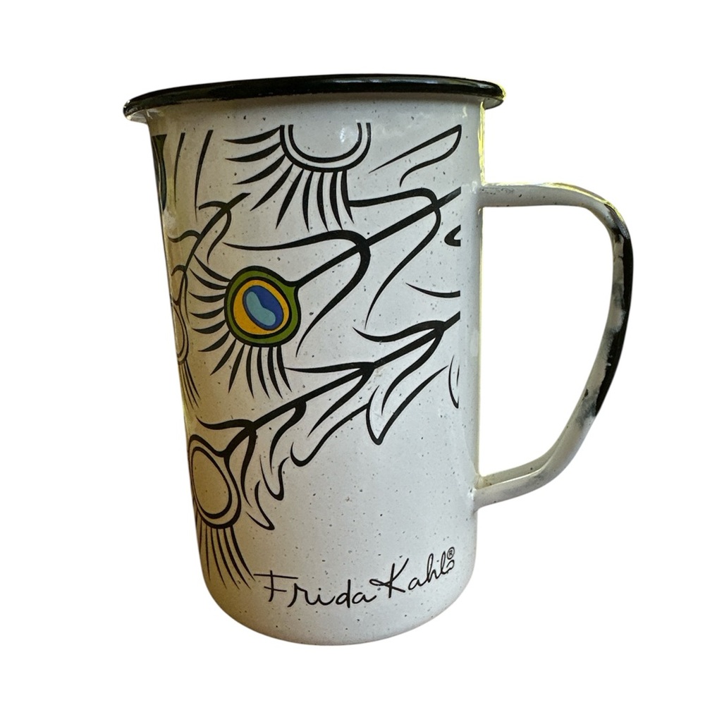 Frida Kahlo speckled Enamel Mug with peacock feather design